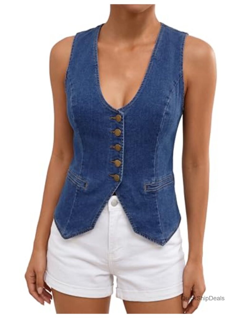 Women's Denim Vest Sleeveless V-Neck Button Down Fitted Jean Vest